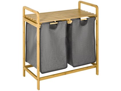 Koš na prádlo dvojitý, bambus / polyester, 63,5 x 33 x 73 cm