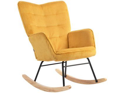 Retro houpací křeslo z masivního dřeva, manšestr, žluté